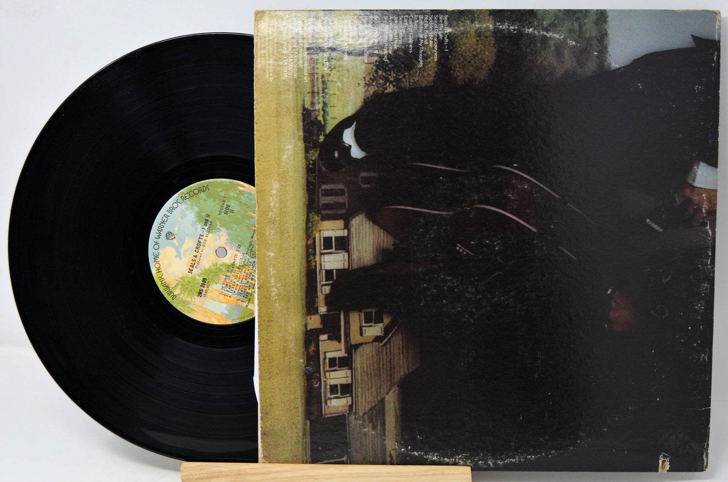 Vinyl record with a black cover featuring a house and trees, on a white background.