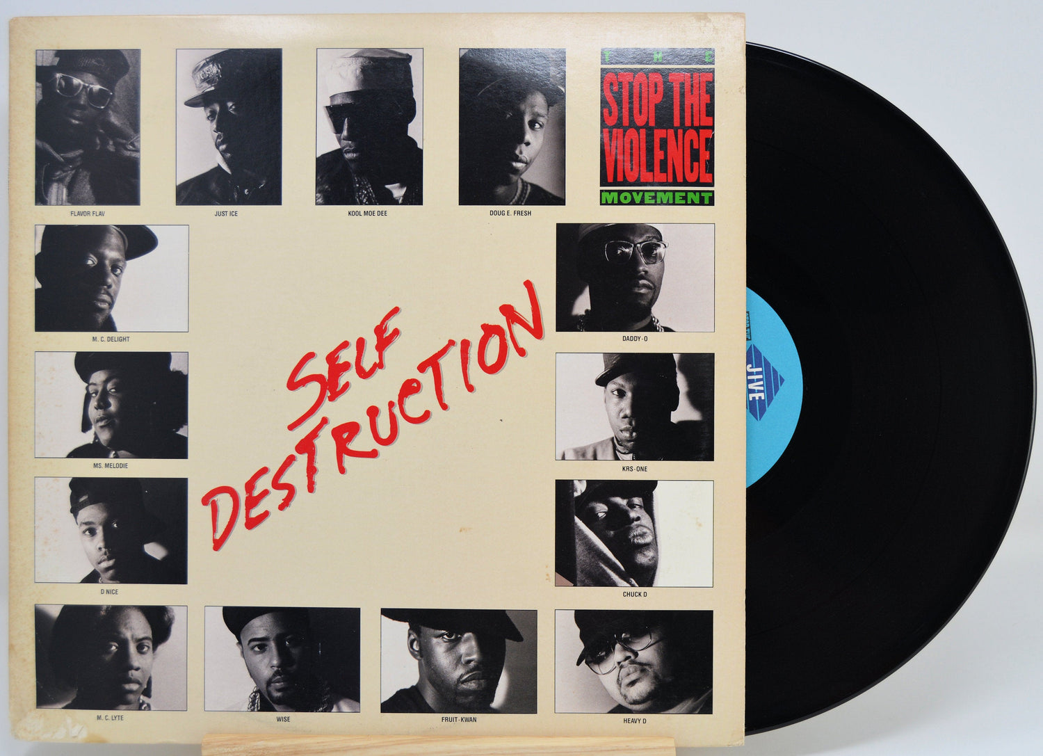 Front cover of Self Destruction vinyl featuring Stop the Violence Movement artist portraits and bold red title
