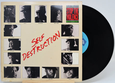 Front cover of Self Destruction vinyl featuring Stop the Violence Movement artist portraits and bold red title