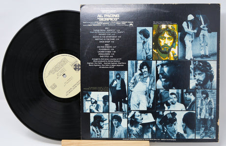 Back cover of Serpico soundtrack vinyl LP featuring movie scenes and tracklist