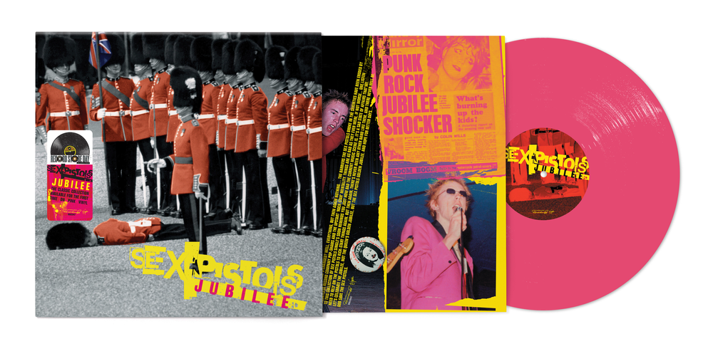 Vinyl record with colorful cover featuring a person and text, alongside a black and white photo of uniformed personnel.