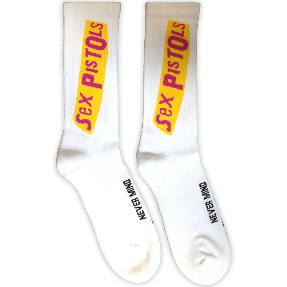 White socks with 'Sex Pistols' text on a white background