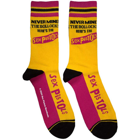 Yellow and pink socks with 'Sex Pistols' branding on a white background