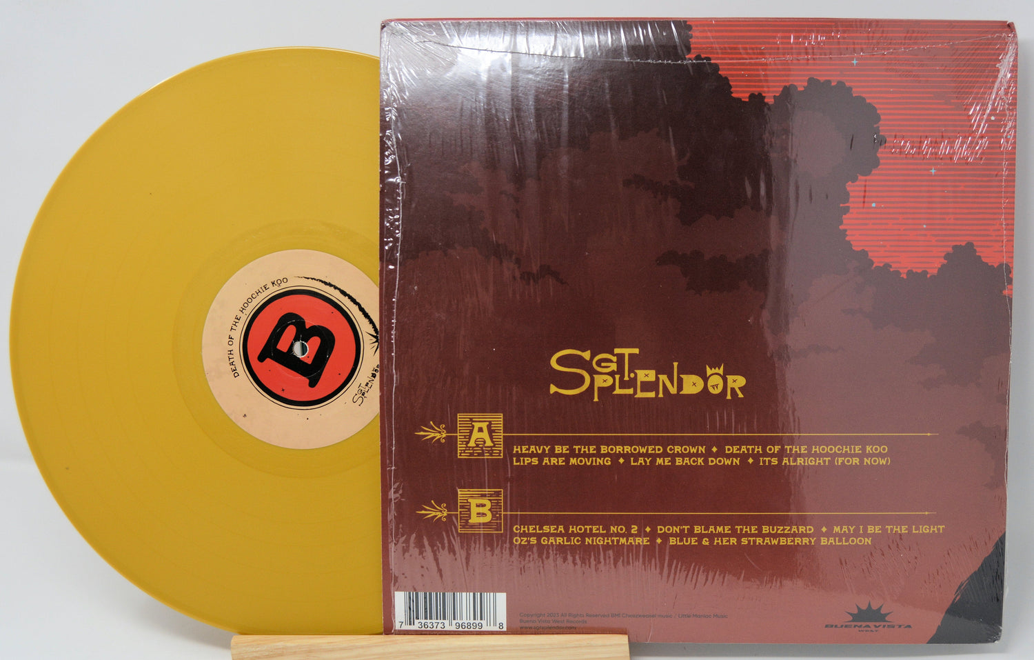 Back cover and gold vinyl record of Sgt Splendor's Death of the Hoochie Koo LP with tracklist