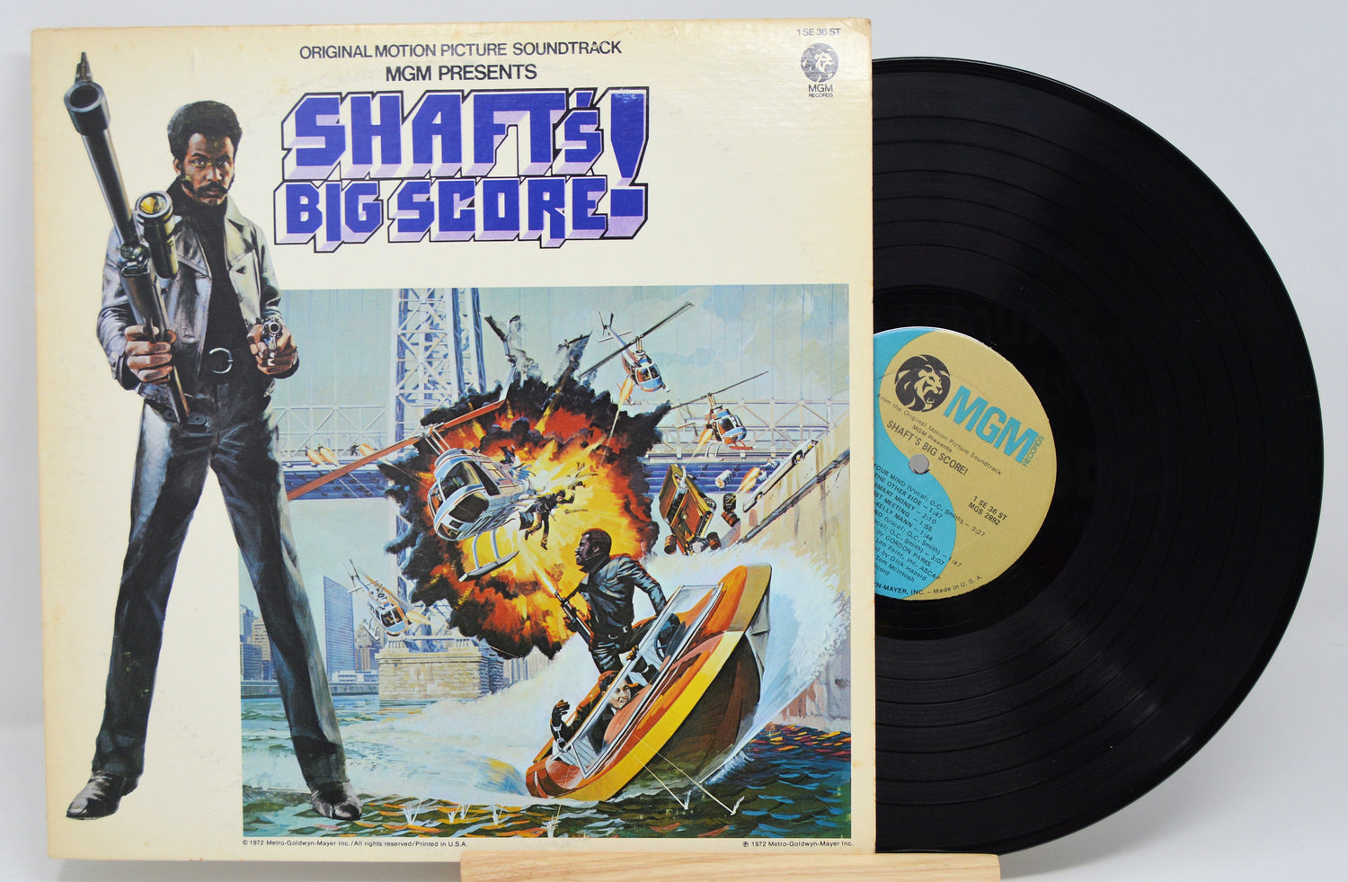Front cover and vinyl record of Shaft's Big Score! original soundtrack LP featuring explosive action artwork