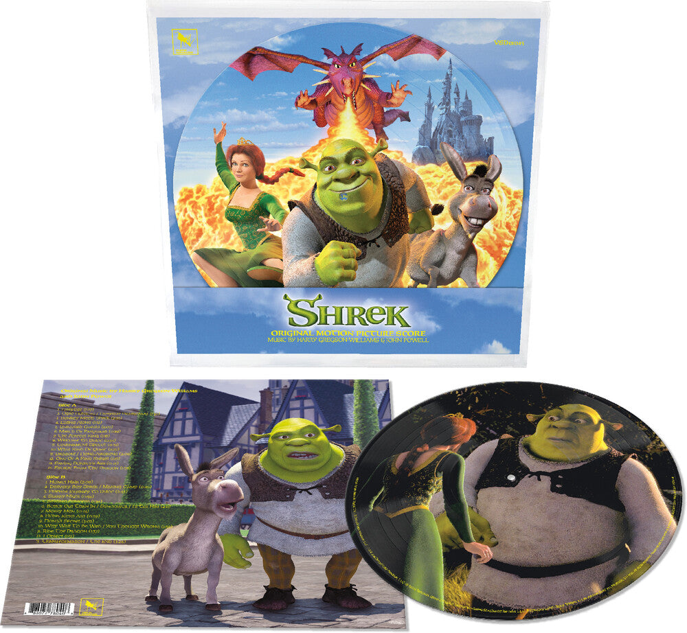 Vinyl record with Shrek and Donkey on the cover and a picture disc featuring a different character.