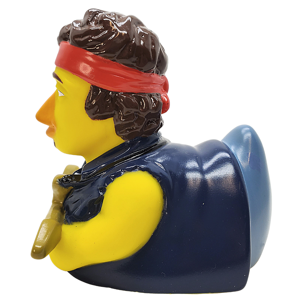 Side view of rockstar rubber duck with red headband and guitar