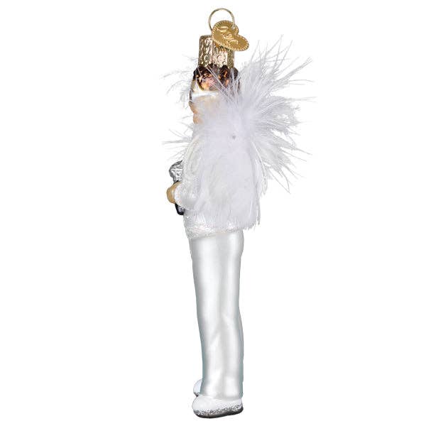 Side view of glittery glam rock singer ornament showing feathered details