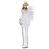 Side view of glittery glam rock singer ornament showing feathered details