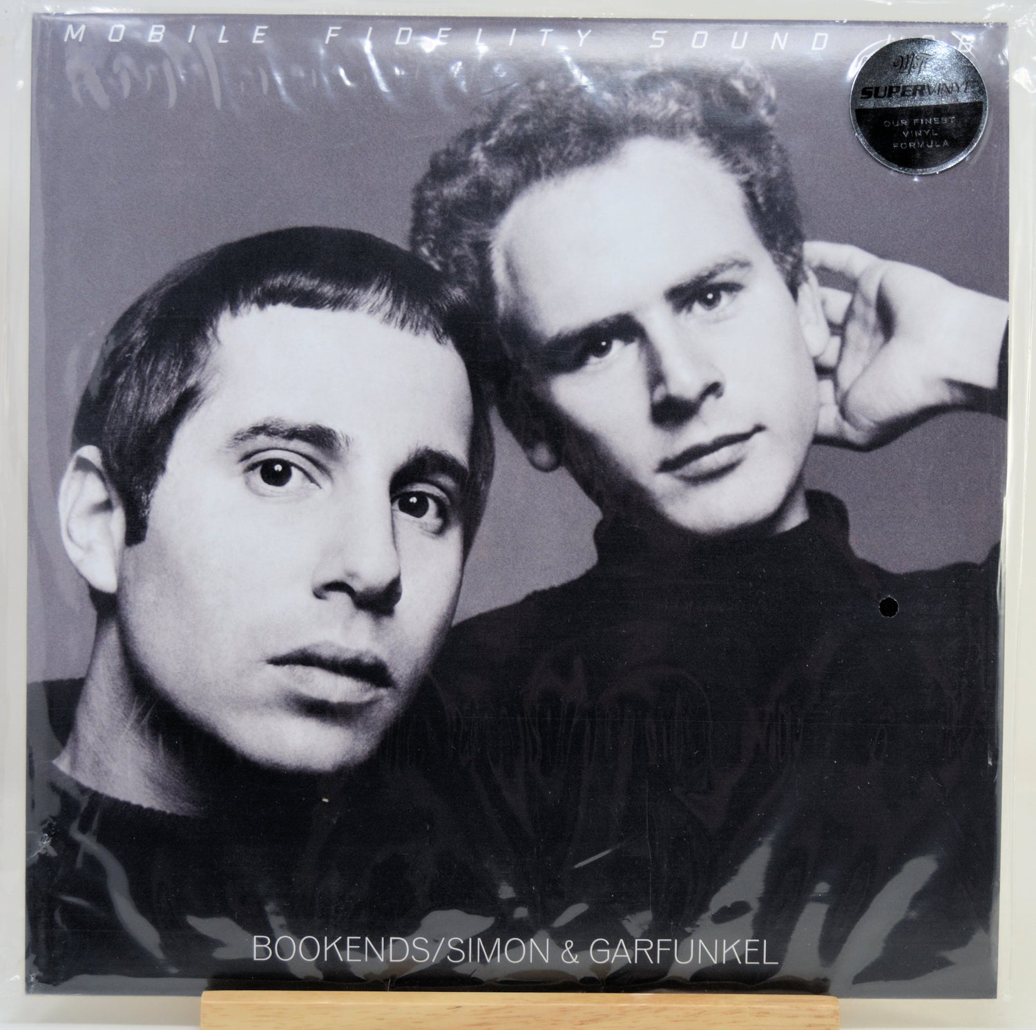 Vinyl record sleeve for Simon & Garfunkel's 'Bookends', featuring a black-and-white double portrait of the two band members. The top edge shows 'MOBILE FIDELITY SOUND SYSTEM' and a circular 'MoFi Supervinyl' sticker.