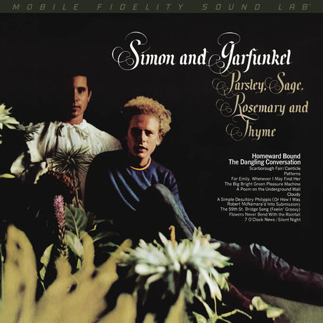 Album cover for ' Parsley, Sage, Rosemary and Thyme' by Simon and Garfunkel with text and images of two people and plants.