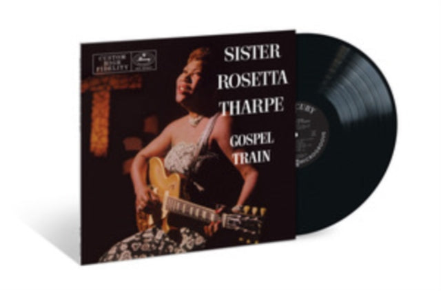 Vinyl record album for Sister Rosetta Tharpe's 'Gospel Train' with the black LP partially visible behind the album cover, shown on a white background.