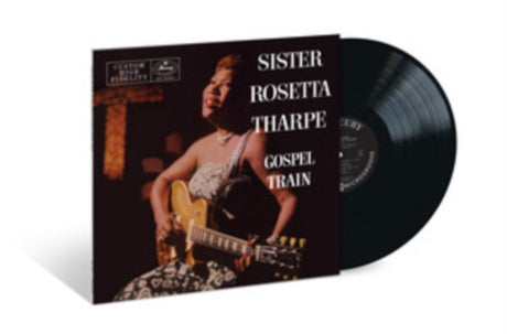 Vinyl record album for Sister Rosetta Tharpe's 'Gospel Train' with the black LP partially visible behind the album cover, shown on a white background.