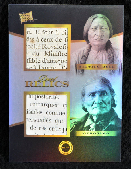 Dual relic collectible card featuring Sitting Bull and Geronimo with authentic document fragments