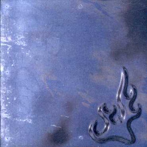 Metallic flame design on a textured blue background