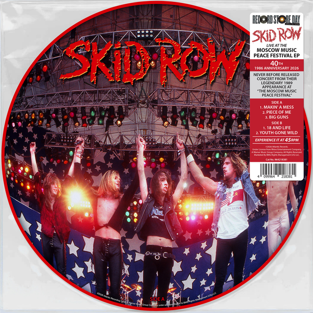 Vinyl record cover with 'Skid Row' band members and concert scene.