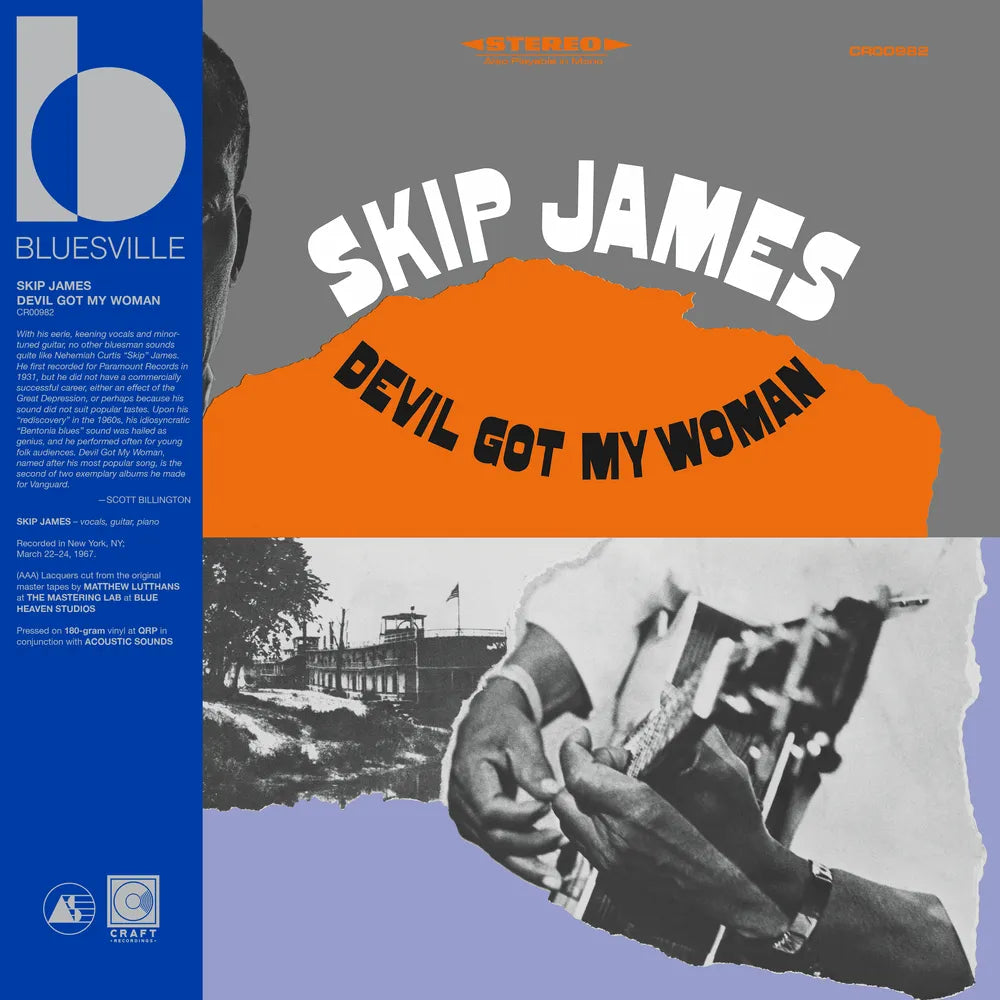Album cover for 'Devil Got My Woman' by Skip James with text and images of a person playing guitar.
