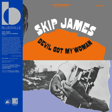 Album cover for 'Devil Got My Woman' by Skip James with text and images of a person playing guitar.
