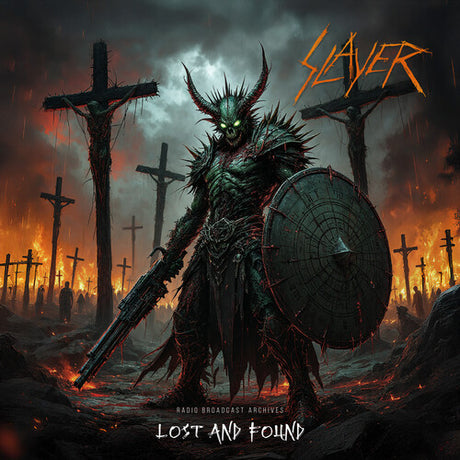 Album cover for 'Lost and Found' by Slayer with a dark, warrior-like figure in a fiery graveyard.