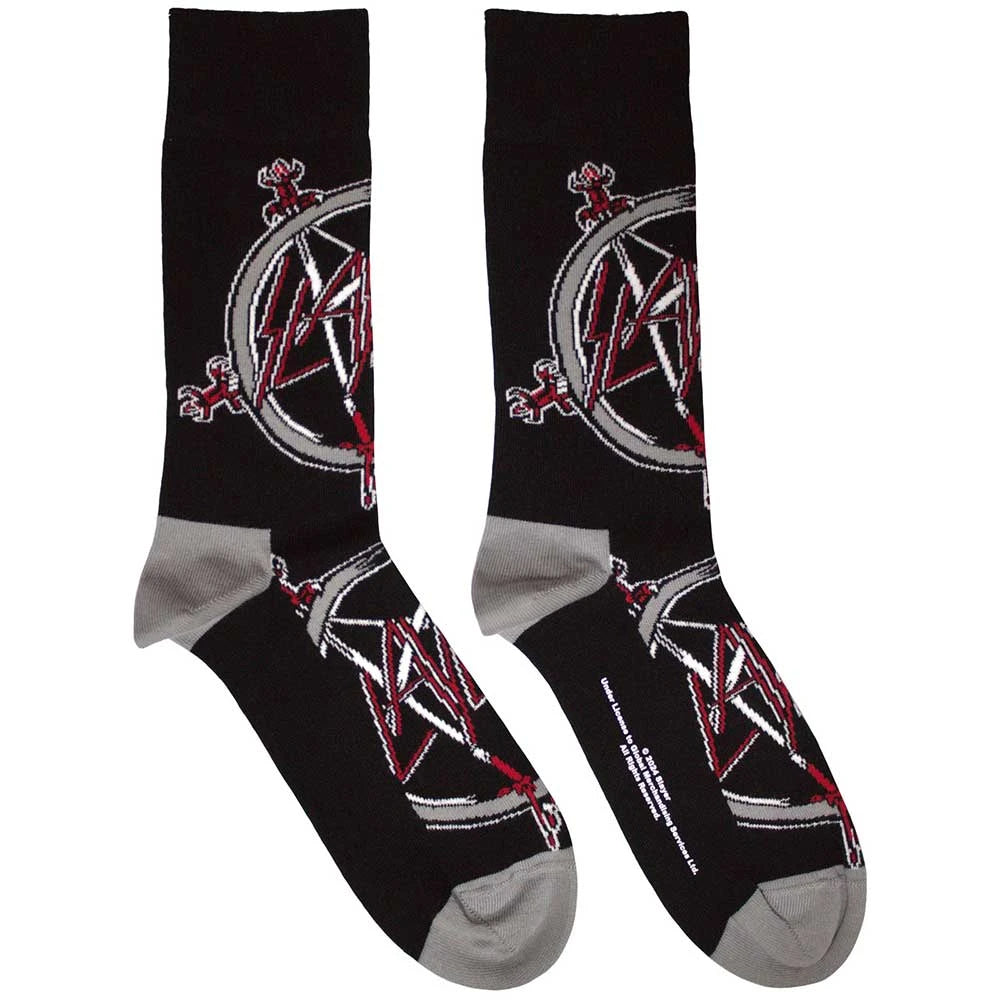Black socks with red and gray design on a white background