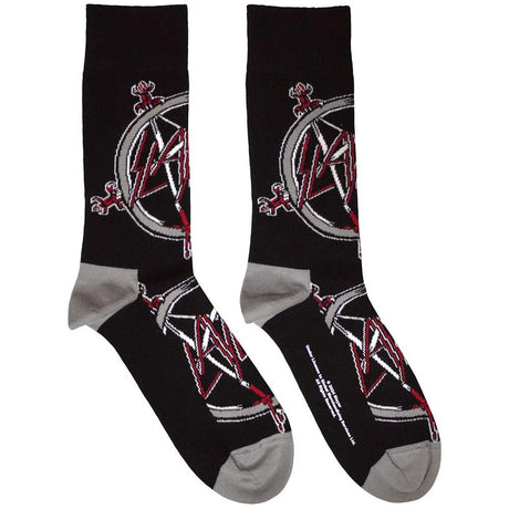 Black socks with red and gray design on a white background