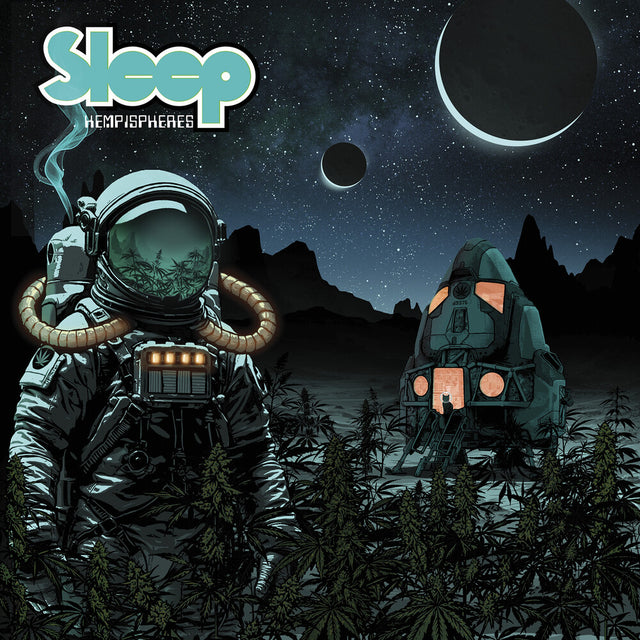 Album cover art for 'Sleep - Hempispheres' featuring a retro-futuristic illustration of an astronaut standing in a field of cannabis plants next to a dome-like habitat under a starry night sky with a crescent moon.