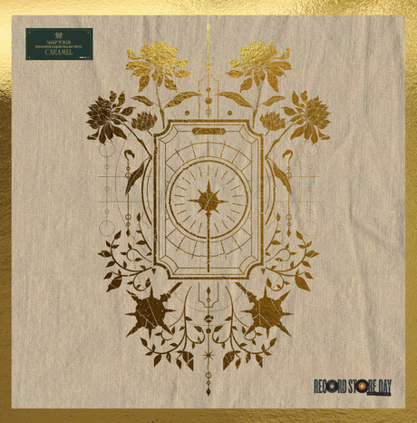 Decorative album cover with floral and clock design on beige background