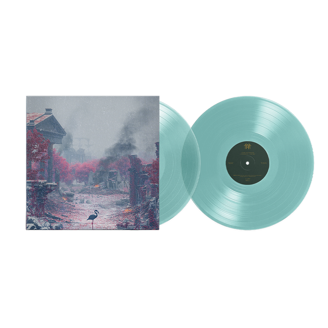 Clear vinyl record with a cover featuring a scenic design on a white background