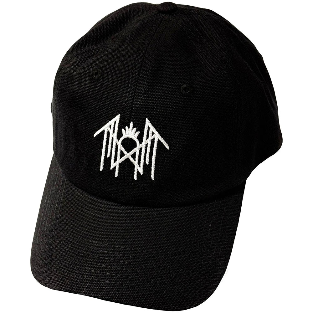Black cap with a white logo on a white background