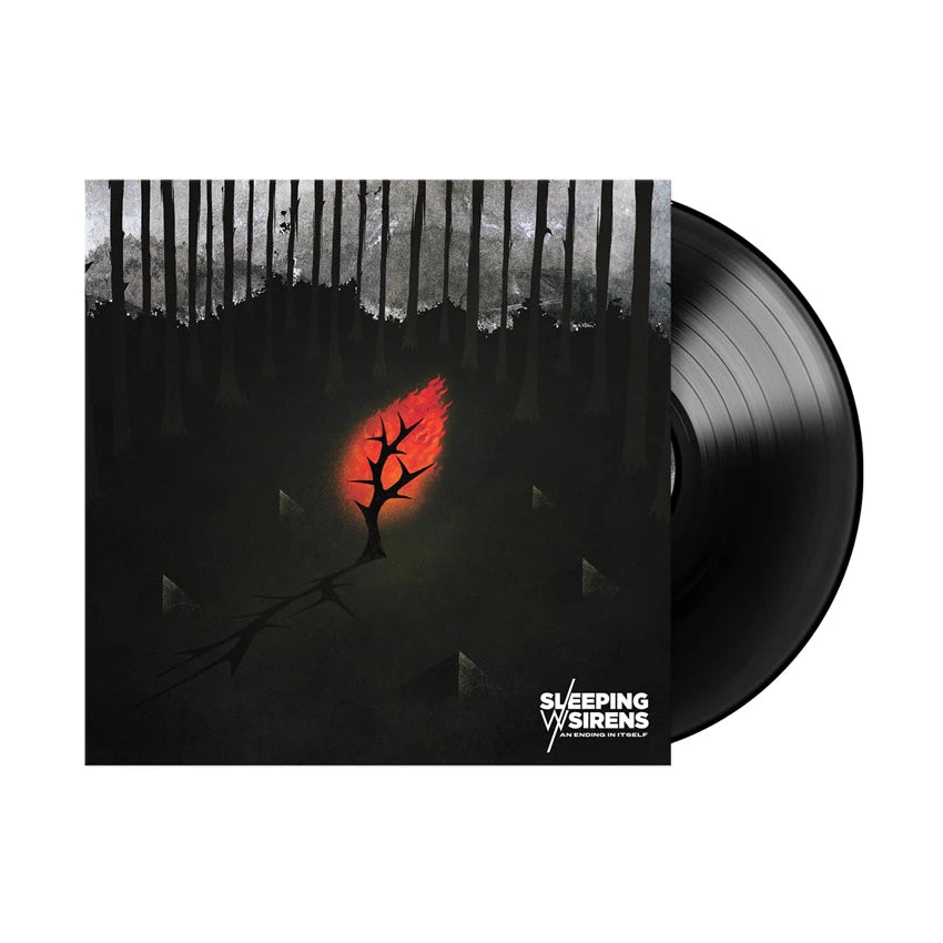 Vinyl record with a dark cover featuring a red glowing tree and 'Sleeping with Sirens' logo.