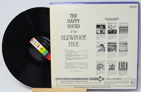 Vinyl record with cover displaying 'The Happy Sound of the Slewfoot Five' on a light gray background