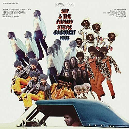 Album cover of Sly & the Family Stone - Greatest Hits featuring a colorful photo of the band members with a vintage car in the foreground.
