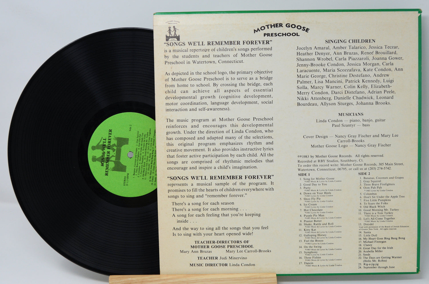 Back cover of Songs We'll Remember Forever LP with tracklist and preschool credits