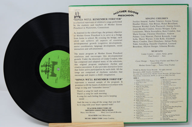 Back cover of Songs We'll Remember Forever LP with tracklist and preschool credits