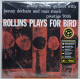 Vinyl record album cover for 'Rollins Plays For Bird' by the sonny rollins quintet, featuring a black and red abstract design with white text and a yellow Prestige 7095 sticker on the right.