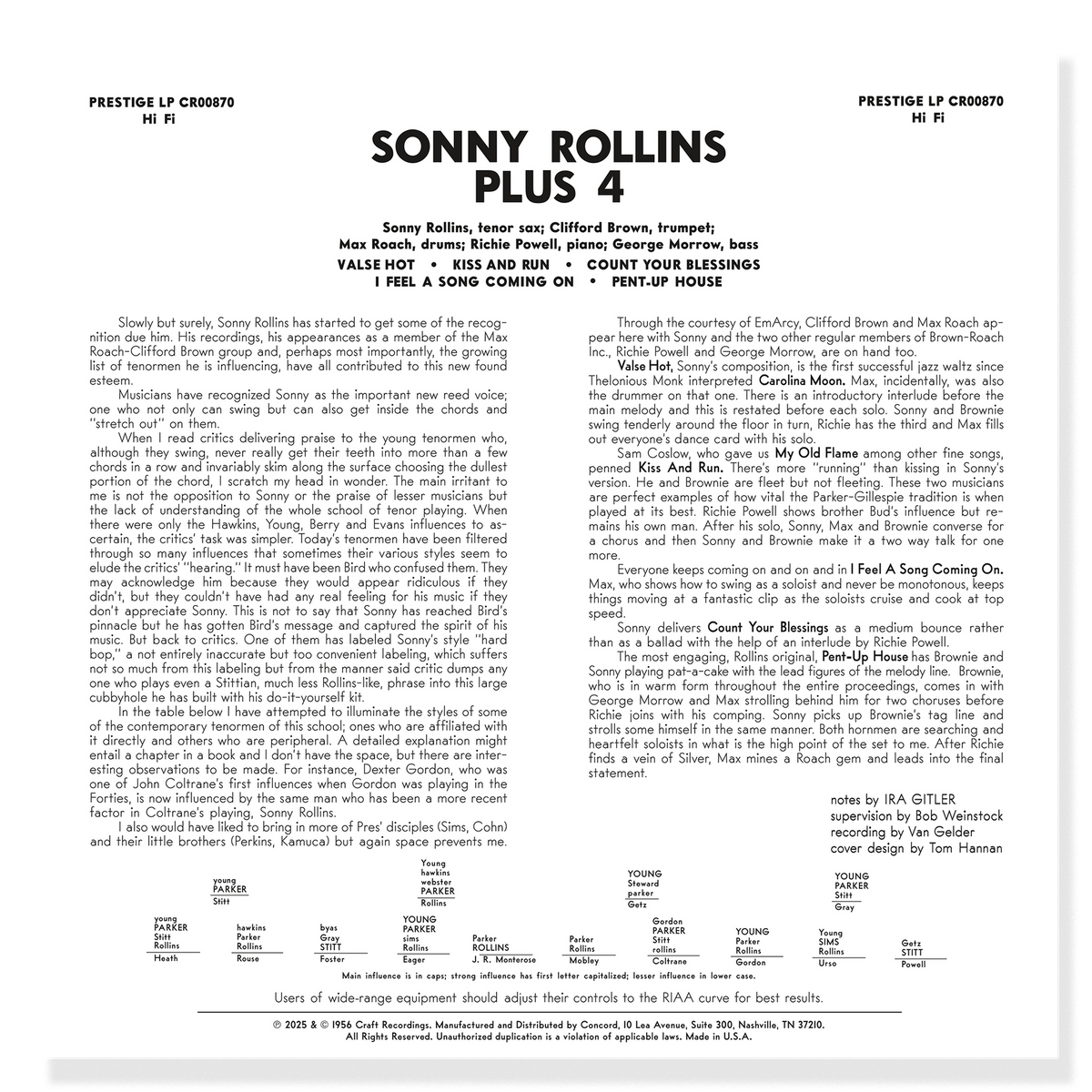 A printed sheet of paper showing the cover and track listing for 'Sonny Rollins Plus 4' with biographical text, a track list, and a program note on a white background.