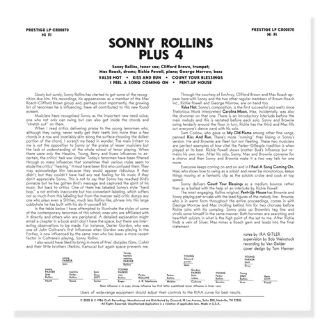 A printed sheet of paper showing the cover and track listing for 'Sonny Rollins Plus 4' with biographical text, a track list, and a program note on a white background.