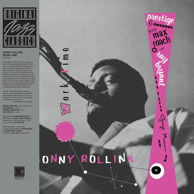 Album cover for 'Work Time' by Sonny Rollins, featuring a black-and-white photo of the jazz musician playing a saxophone, with a gray left panel containing track text and a bright pink right panel with typography and graphic accents.