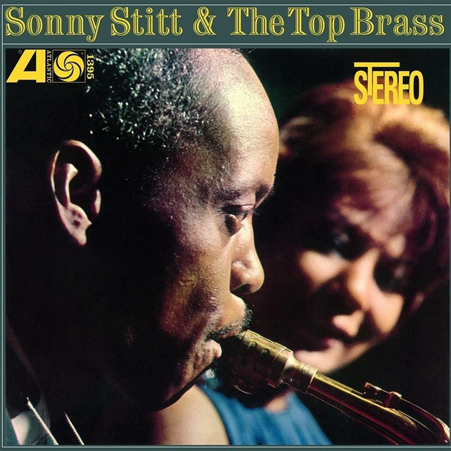Album cover for 'Sonny Stitt & The Top Brass' featuring a close-up photo of Sonny Stitt playing a brass instrument, with a blurred figure in the background and yellow title text at the top.