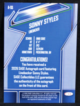 Sage Autograph card for Sonny Styles, featuring his name and details on a blue background.