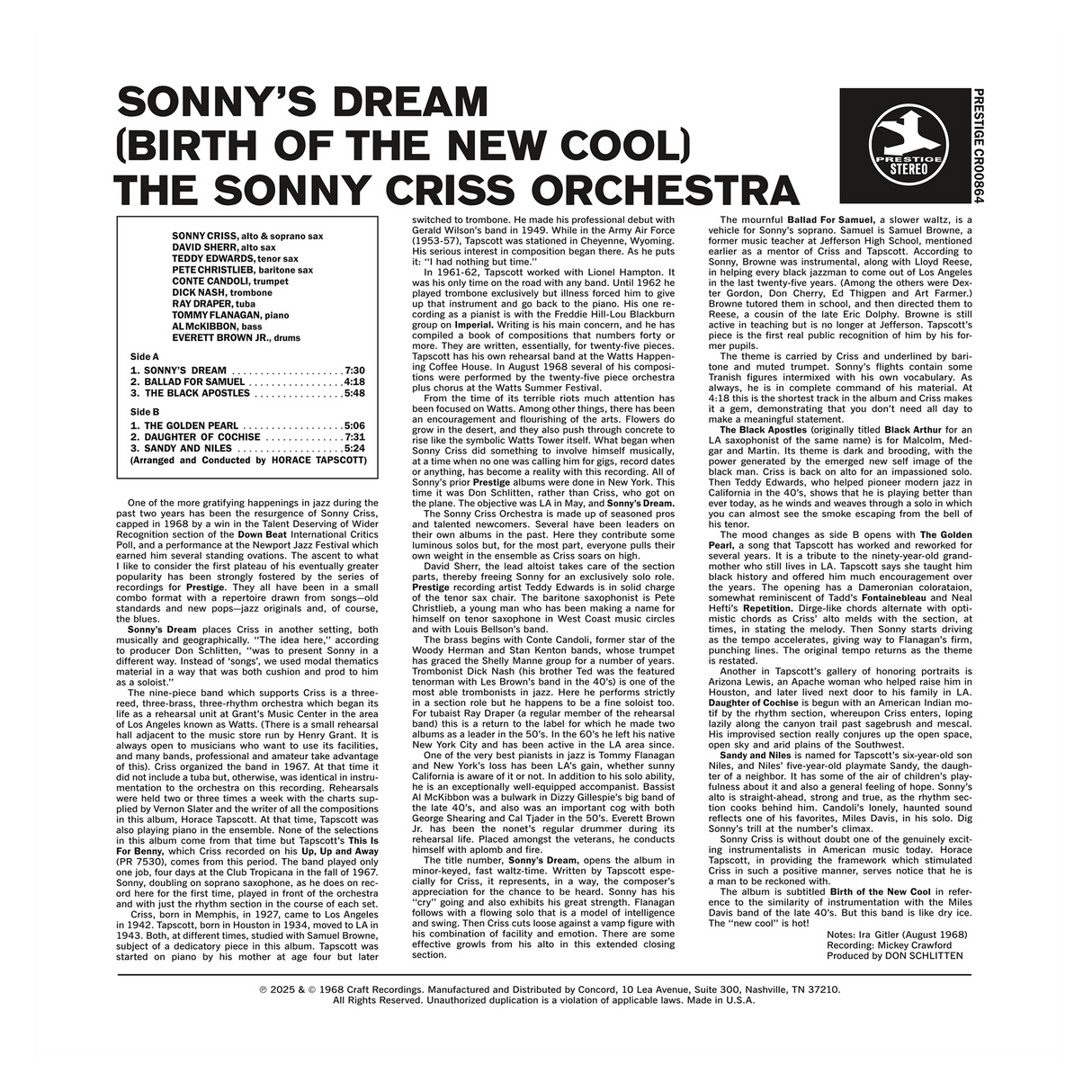 Back cover of Sonny's Dream (Birth of the New Cool) by The Sonny Criss Orchestra with credits and liner notes