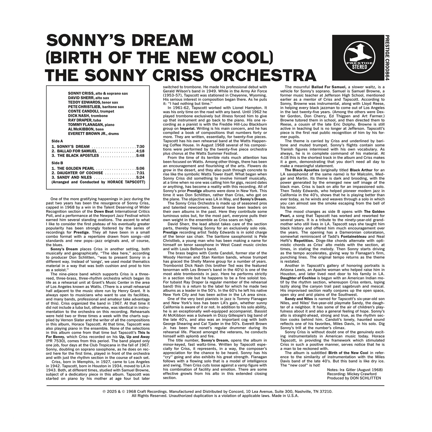 Back cover of Sonny's Dream (Birth of the New Cool) by The Sonny Criss Orchestra with credits and liner notes