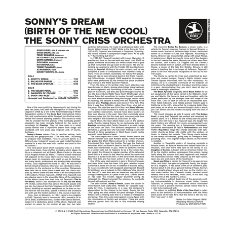 Back cover of Sonny's Dream (Birth of the New Cool) by The Sonny Criss Orchestra with credits and liner notes