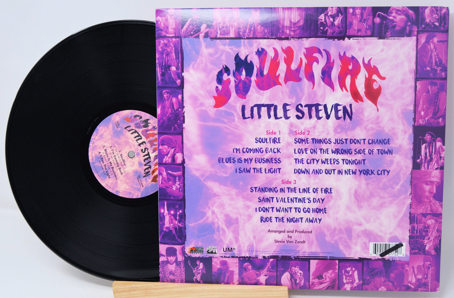 Back cover of Soulfire vinyl LP with tracklist and purple flame-themed artwork