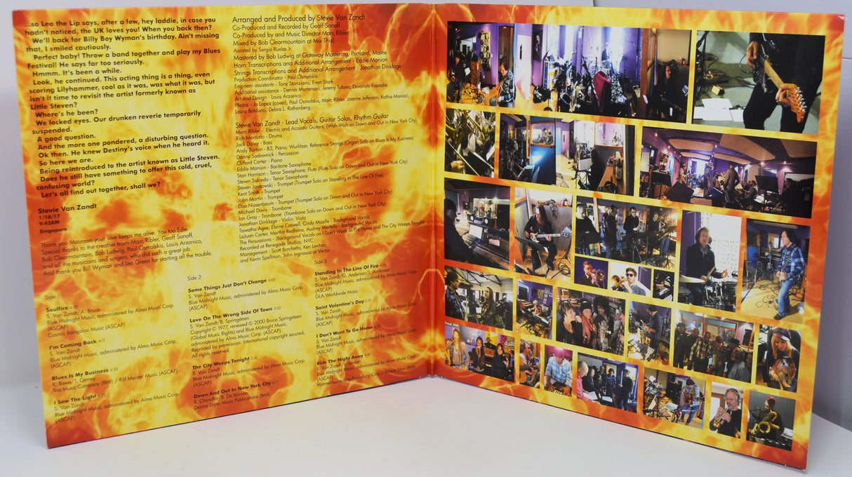 Soulfire vinyl LP gatefold booklet featuring lyrics, credits, and studio photos of Little Steven and band