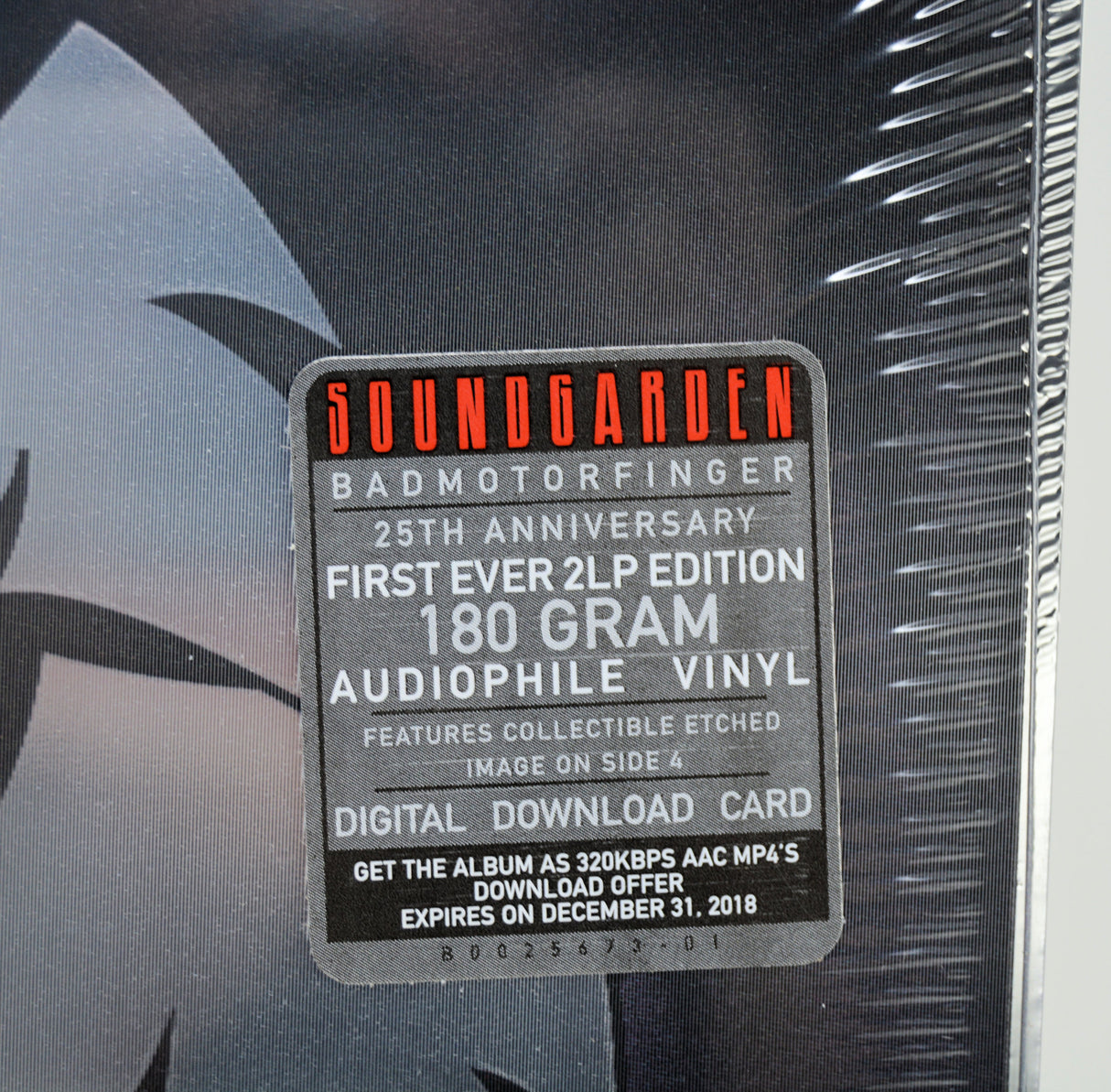 Soundgarden Badmotorfinger 25th Anniversary 180 Gram Audiophile Vinyl LP edition card on the front of the packaging, featuring a black and gray design with red and white text.