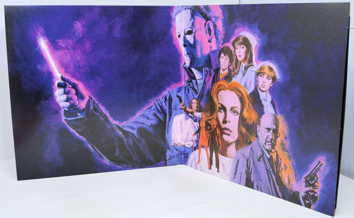 Greeting card with a horror movie-themed illustration of characters and a glowing object.