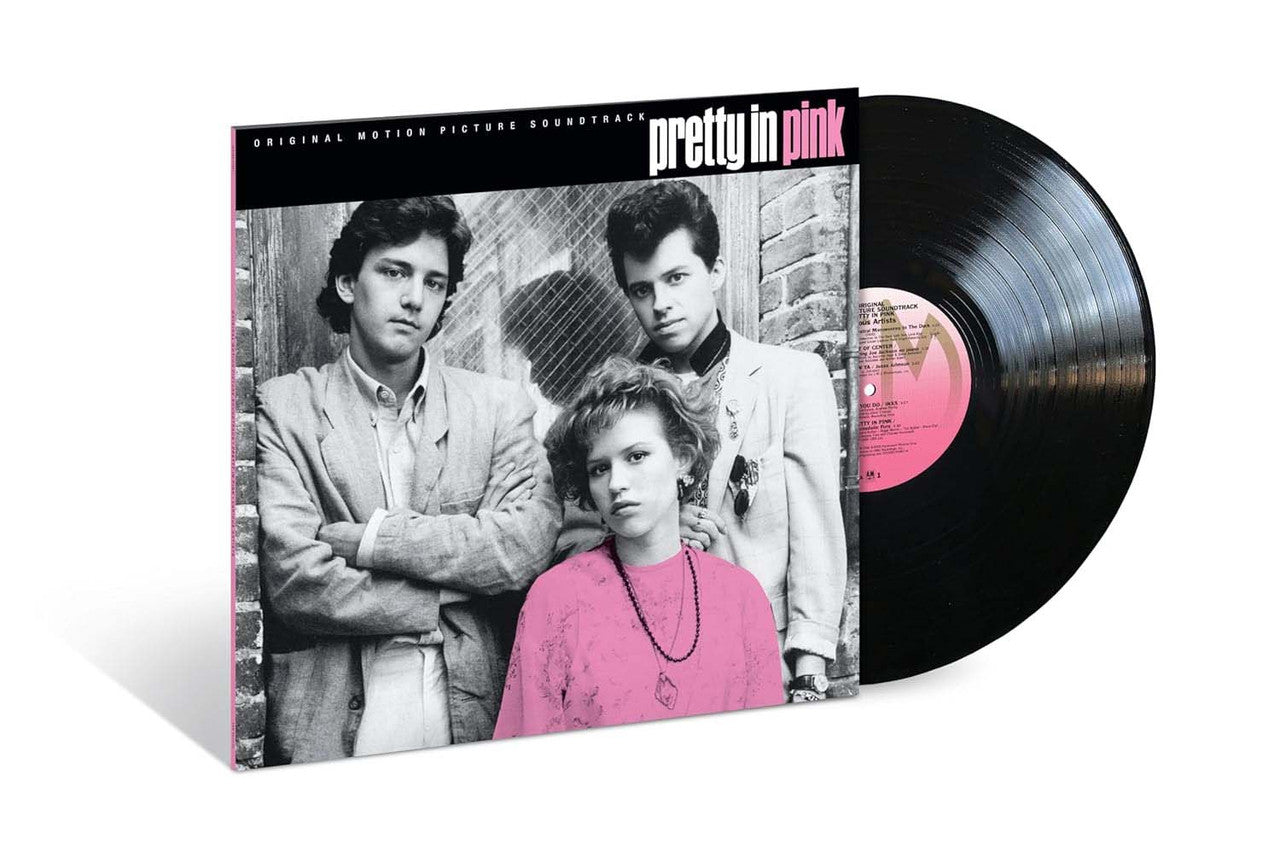 Vinyl record and cover for 'Pretty in Pink' soundtrack on a white background
