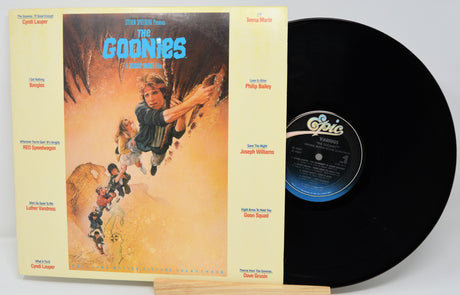 Vinyl record with 'The Goonies' album cover on a white background
