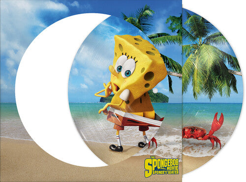 SpongeBob SquarePants playing the flute on a tropical beach with a red crab